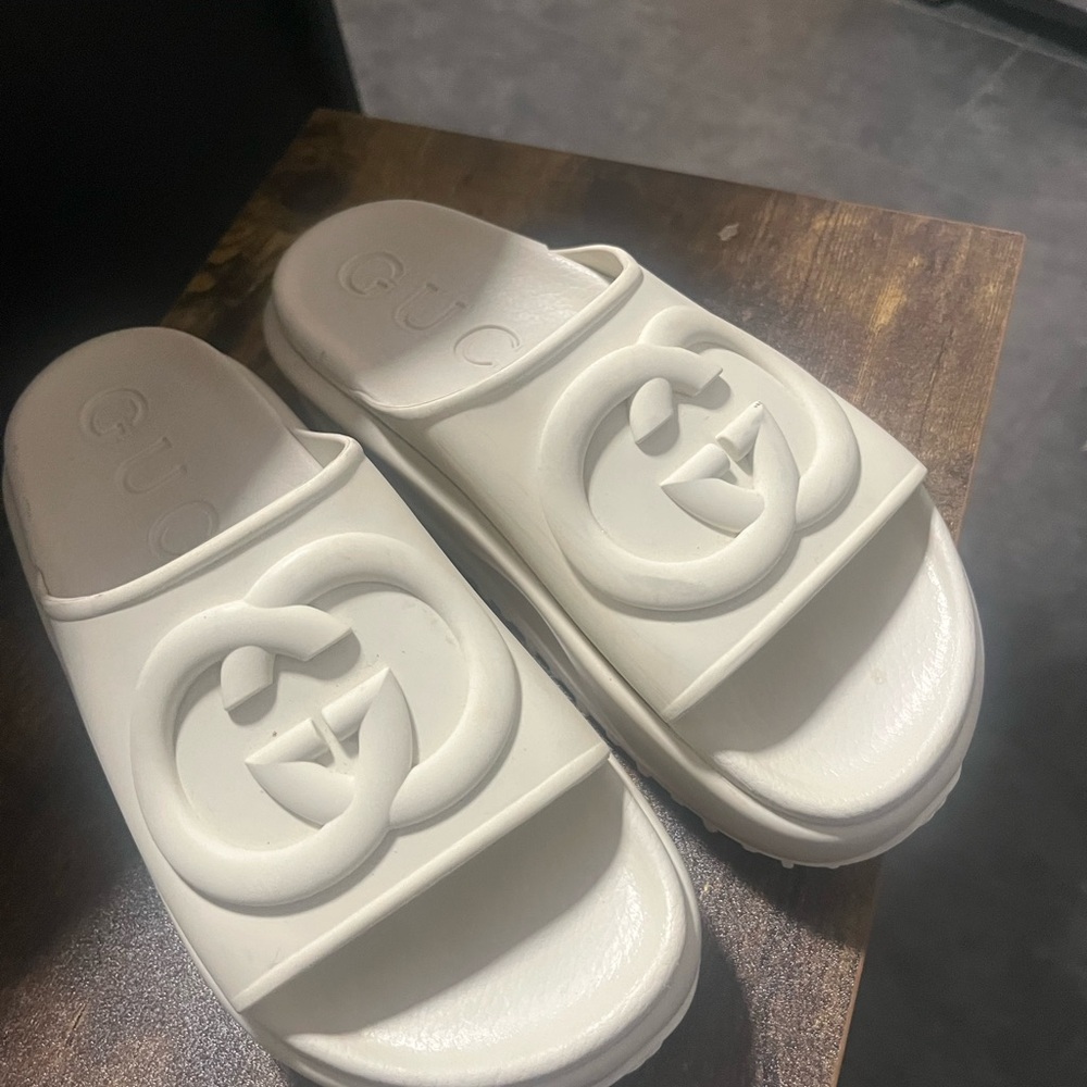 Gucci Cream Embossed Logo Slides